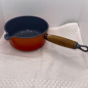 Vintage Descoware Flame Red Enameled Cast Iron Pot Wood Handle MCM